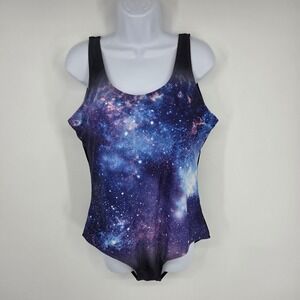 Galaxy Print One Piece Swimsuit XXL 18 Blue Purple Celestial Strappy Back Scoop